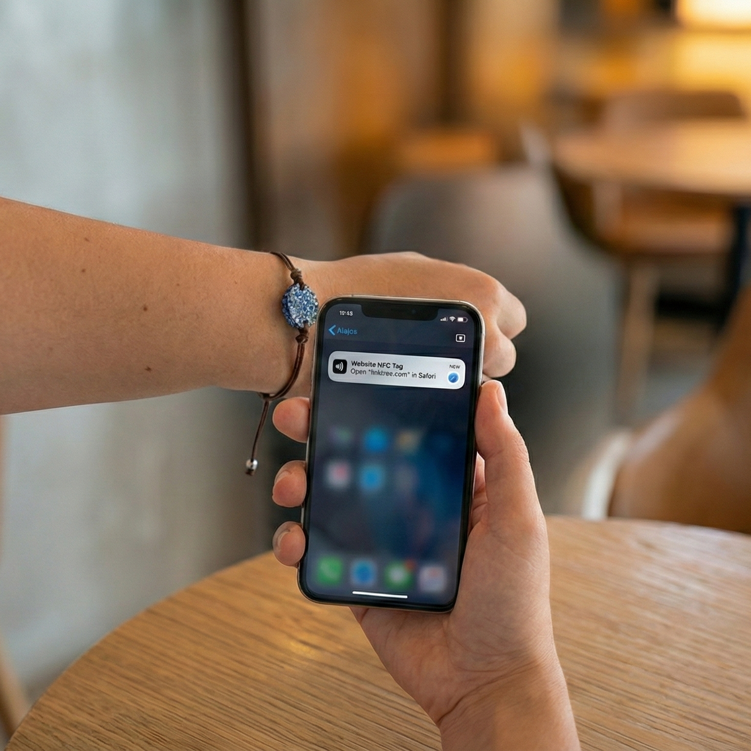 Person holding a smartphone with a blurred background of a restaurant.